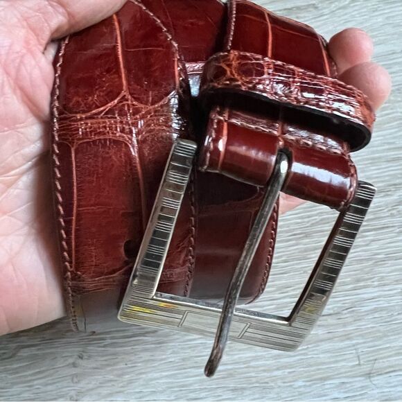 Ralph Lauren Alligator Mahogany Brown Sterling Silver Wide Belt Size 28 - Picture 1 of 14